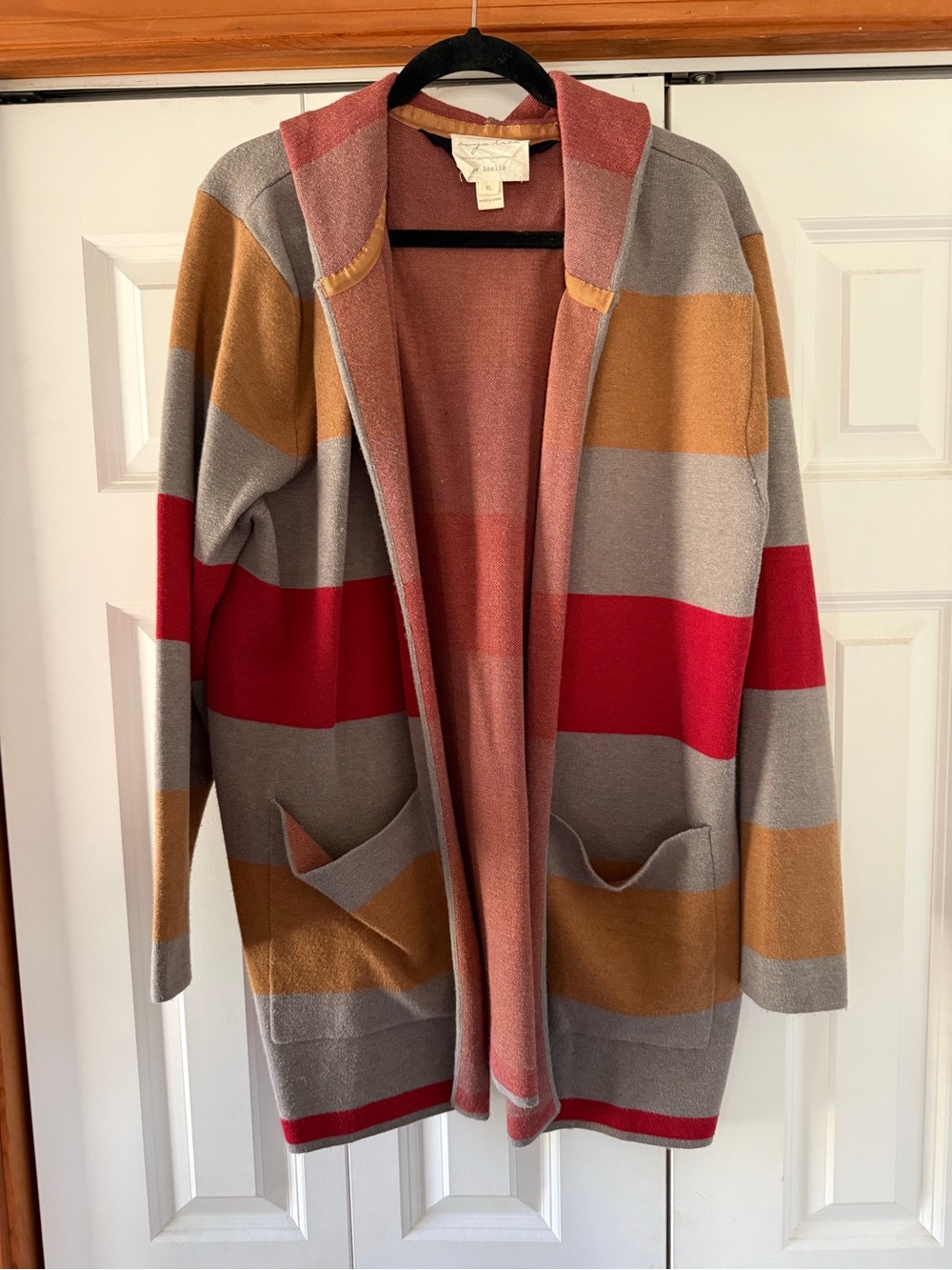 evy's tree Striped Open Cardigan in Gray, Mustard, Red, Pink